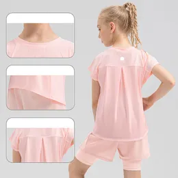 LL Kids Yoga Shirts Kort ärm för flickor Crew Neck Breattable Sömlös snabba torra barns fintness Sport Summer T Shirt LL33210