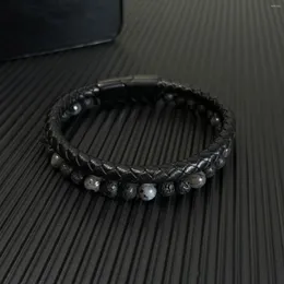 Charm Bracelets Natural Stone Genuine PU Leather Braided Black Double-Layer Hip Hop Clasp Tiger Eye Bead Bangle Men Jewelry