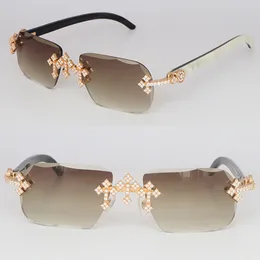 Luxus-Kreuz-Zubehör, Moissanit-Diamant-Set, randlose Sonnenbrille, Damen-Sonnenbrille mit großen Steinen, Original-Sonnenbrille aus weißem Büffelhorn, Herren- und Damen-Sonnenbrille, Größe 58