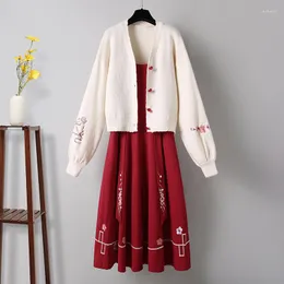 Roupa étnica 2023 vestido de outono terno Hanfu feminino estilo chinês Tang traje superior modificado Cheongsam Red Han