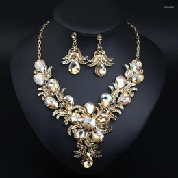 Necklace Earrings Set Crystal Flower Jewelry Women Party Statement Choker Bib Collar African Necklaces Rhinestone Earring