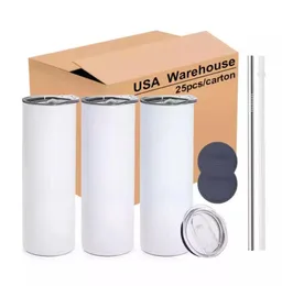 Us ca warehouse 2 dagar leverans vita muggar sublimering tumbler 20oz rak rostfritt stål blanks tumbler med halm GJ0613