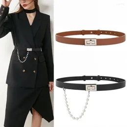 Belts Pearl For Women PU Leather Belt Jean Dress Coat Girl Clasp Pearls Tassel Waistband Alloy Buckle Brown Soft