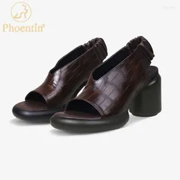 Sandals Phoentin Retro Casual Brown For Women Platform High Heels Shoes Trend 2023 Round Genuine Leather Footwear FT2536