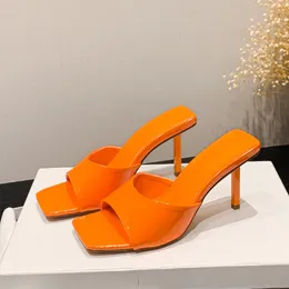 Liyke 2023 New Orange Patent Leather Square Toe Thin High Heels Slippers Summer Fashion Shallow Mules Sliders Shoes Women Sandal
