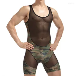 Herrtankstoppar mesh herrar under tröja sexig kamouflage leotard jumpsuit brottar singlet kroppskläder ultratunn