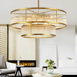 Pendant Lamps American Plate Metal Led E14 Lights 2 Layers Living Room Gold Lustre Lamp Rod Hanging Fixtures