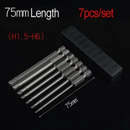 Schroevendraaier 7pcs/lot 1/4 "Hex Shank manyetik altıgen kafa tornavida bitleri H1.5H6 Elektrikli Altıgen Tornavida Seti 75mm uzunluk