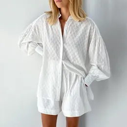 Conjunto de Calças Femininas de Duas Peças Conjunto de Shorts Femininos de Verão Camisa Branca Manga Comprida Conjunto de Duas Peças Moda Feminina Solta Casual Conjuntos de 2 Peças Conjunto Feminino 22076 230612