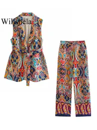 Women's Two Piece Pants Willshela Women Fashion Two Piece Set Printed Single Button Vest Vintage Front Zipper Trouser Female Chic Lady Pants Sets 230613