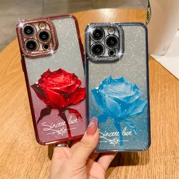 Luxury Glitter Jeweled Rose Case för iPhone 14 Pro Max 14 Plus 13 Por 12 Pro 11 Camera Diamond Plating Soft Clear Cover Funda