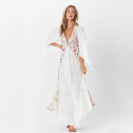 Bohe Maxi Dress Women v Neck Floral Print Kimono Flare Sleeve Beach 2023 Summer Disual Button Long Long Robe Femme Dresses