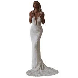 Lakshmigown Luxury Beading Mermaid Wedding Dress Plunging v Neckセクシーなブライダル収縮ディナーパーティーガウンバックレスローブ