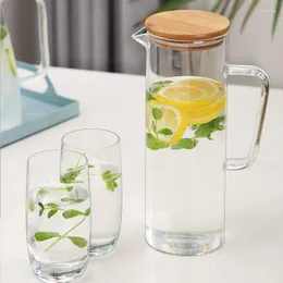 Waterflessen Glas Koude Pitcher Met Handvat Bamboe Deksel Verdikte Fles Pot Waterkoker Transparante Hittebestendige Pot Theepot