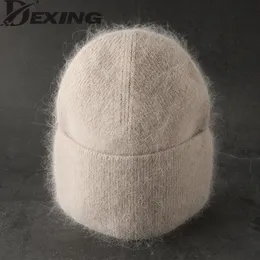 Beanieskull Caps Angora Kış Şapkası Kadın Tavşanı Kürklü Kabarık Knited Beanies Şapka Bonnet Kadın Yumuşak Sıcak Kayak Kafataları Beanies 230612