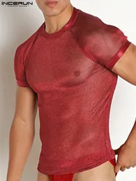남자 티셔츠 incerun 남자 티셔츠 반짝이는 메쉬 패치 워크를 통해보기 O- 넥 짧은 슬리브 티 탑 피트니스 스트리트웨어 섹시한 카미 세타 S-5XL 230613