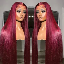 Parrucche frontali in pizzo rosso per capelli umani Parrucche colorate dritte bordeaux 13X6 Parrucca frontale in pizzo trasparente Parrucche senza colla per donna
