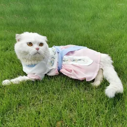 Costumi per gatti Gonna sottile per cuccioli traspiranti estivi Bellissimo abito antico con nastro Ricamo creativo Hanfu per animali domestici