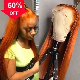 Mänskligt hårhög Human Hair Capless Wigs Syntetic 150 Densitet 100 Ginger spetsar Front Womens Wig Straight Definition Brazilian Remi Orange Stängt sömlösa naturliga Hai