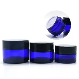 Frascos de creme de vidro redondo cosmético azul cobalto 15 30 50ml com forros internos e tampas pretas recipientes para bálsamos de aromaterapia loções recipiente sn4392