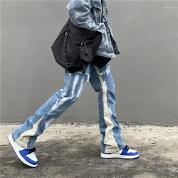 Men's Pants Flared Jeans Mens Color Block Painted Streetwear Frayed Side High Street Patchwork Straight Trousers Vintage Blue Denim