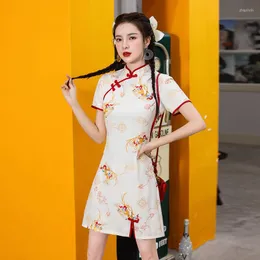 エスニック服ファッション女性スリムミニチョンサム中国スタイルの若い女の子パーティードレス甘いプリントフラワーQIPAO VESTIDOS VINTAGE LADIES QI