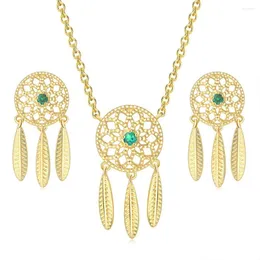 Necklace Earrings Set ZHOUYANG Dream Catcher Sets For Women Retro Ethnic Green Zircon Light Gold Color Tassel Earring Fashion Jewelry S524