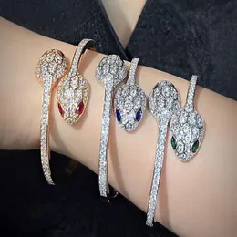 Designer Collection Style Open Bracelet Women Lady Plated Gold Color Inlay Full Cubic Zircon Diamond Double Heads Snake Snakelike Bangle