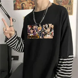 Mens T Shirts Haruku Anime Haikyuu Fake Two Piece T-shirt mode tecknad kläder avslappnad sommarlång ärm män kvinnor gator manga