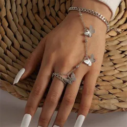 Urok bransoletki retro łańcuch motyli przymocowana bransoletka na nadgarstek dla kobiet połączone pierścień palec moda estetyczna biżuteria akcesoria biżuterii