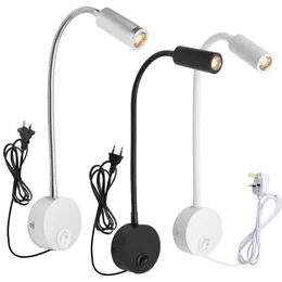 Plug Wired Flexible 3 Watts 3W Gooseneck LED Wall Light Sconce Lamp Lighting For Bedroom Reading Badrum med plugg, svart vitt silverskal