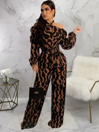 Women's Two Piece Pants Aesthetic Print Elegant Rompers Womens Jumpsuit Cold Shoulder Long Sleeve One Overalls Vintage Waist Shaped Loose