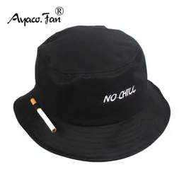 2021 Solid Black Men Women Bucket Hat Cigarette Embroidery No Chill Hip Hop Fishing Cap Adult Unisex Panama Bob Hat Flat Sunhat Q0246i