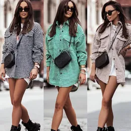 Kvinnors blusar Autumn Fashion Houndstooth Women's Shirt Casual Loose Lapel Long Sleeve Coat High Street Plaid Shirts 2023 Winter Top