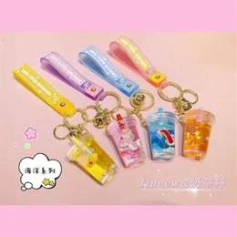 Keychains Fashion Quicksand Ocean Series Milk Tea Cup Keychain Liquid Floating Peal Car Bag Pendant Key Ring Jewelry For Women Gir275Z