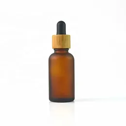 30ml Frosted Amber Glass Dropper Bottle with Bamboo Cap 1oz Wooden Essential Oil Bottles