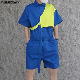 Heren Shorts Heren Rompertjes Patchwork Revers Korte mouw Trekkoord Onregelmatige Jumpsuits Streetwear Losse mode Heren Overalls S-5XL INCERUN 230613