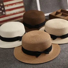 Enkel sommar Sunhat för kvinnor strandhatt kvinnlig casual Panama hatt dam märke kvinnor platt brim bowknot halm cap flickor sol hatt