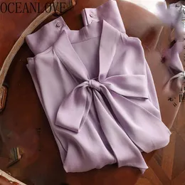 Camicette da donna OCEANLOVE Blusa Mujer Moda 2023 Satin Solid Bow Primavera Autunno Camicie Moda coreana Elegante Vintage Donna Top