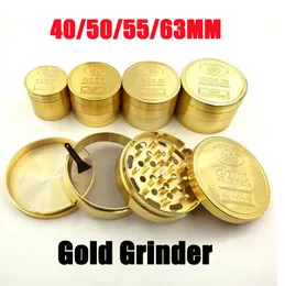 GOLD Grinder Coin Pattern Zinc Alloy Metal Smoke Dry Herb 4 Parts Layers 40MM 50MM 55MM 63MM Cigarette Tobacco Spice Crusher Golden Smoking Accessories DHL