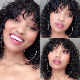 Watwa Wave Perruque Cheveux with Bang with Bangs Glueless Pixie Curly Human Hair Wigh for Women Machine Make Bob Wig Brazilian