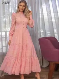 Vestidos Casuais Básicos OULAF Elegante Chique Sólido Vestido Longo Midi Para Mulheres Vestidos Slim Ocos Com Cinto Estilo Boho Roupas Femininas ZA 230614