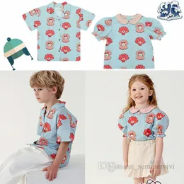 Summer Kids letter pearls shell printed shirts girls doll lapel puff sleeve blouse fashion boys casual shirt Z2636