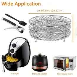 1 Set Air Fryer Accessories, Three-layer Circular Grill Rack, Steam Rack, Stainless Steel Stackable Rack, Dehydration Rack, Barbecue Basket, Barbecue Rack, Food Clip Set