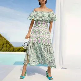 Party Dresses Boho Inspired Green Broderie Anglaise Midi Dress Embroidery Ruffled Sleeve Off Shoulder Summer Beach