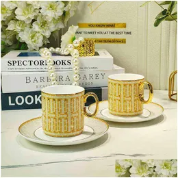 Mugs 2022 New Style Luxury Mosaic Coffee Cup And Saucer Set With Gold Handel Ceramic Cappuccino Afternoon Tea 2Pcs Mug Drop Delivery Dhqkx