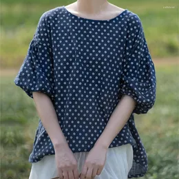 Bluzki damskie qpfjqd panie oryginalne kropki lniane bluzka o-dół 2023 wiosna letnie kobiety retro stres balon rękawy