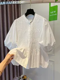 Women's Blouses Shirts OCEANLOVE Single Breasted Women Shirts Solid Puff Sleeve Japan Style Summer Loose Blouses Pleated Ins Vintage Fashion Blusas 230613