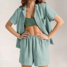 Agasalhos femininos de duas peças, conjunto feminino de algodão, manga curta, botão, conjunto, conjunto, casual, solto, pijama, pijama, feminino