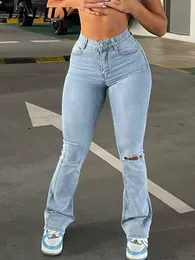 Jeans para mujer Flare Stretch cintura alta sueltos cómodos rasgados pantalones de mujer Sexy moda novio Denim lápiz pantalones 230614